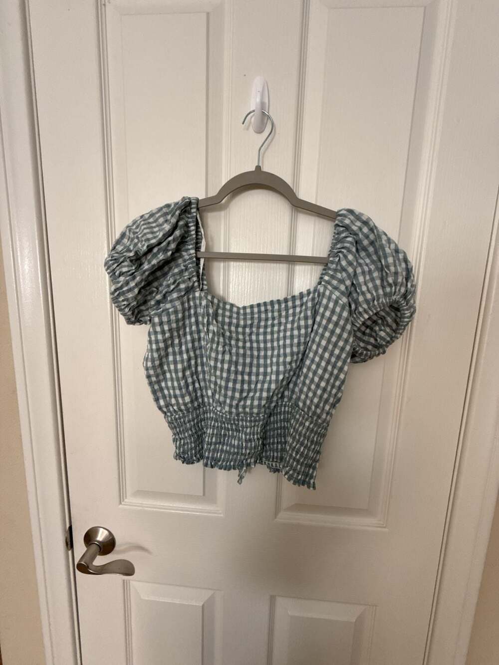Sim & Sam Women's Size L Blue Gingham Puff Sleeve Lace-Up Back Crop Top
